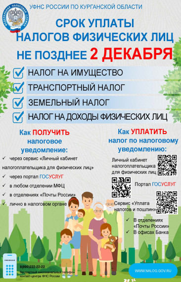 СРОК УПЛАТЫ НАЛОГОВ ФИЗИЧЕСКИХ ЛИЦ НЕ ПОЗДНЕЕ 1 ДЕКАБРЯ.